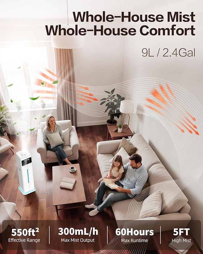 Cool Mist Humidifiers for Bedroom, Ultrasonic 2.4Gal 9L Quiet Top-Fill
