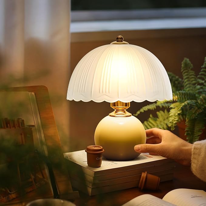 Ceramic Table lamp Set of 2, Modern Bedside Lamps Mid Century Vintage Desk Lamp Retro Glass Mushroom Traditional Lamp for Nightstand Living Room Bedroom Home Decor (S05YE-2PACK)