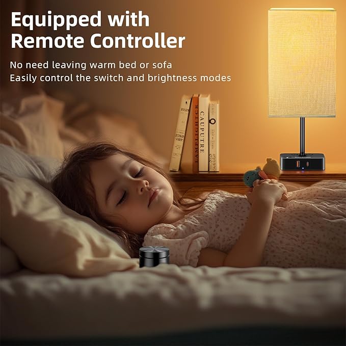 Bedside Lamp with Remote Control & Dimmable Light, 2 AC Outlets + USB-C/USB-A Charging Ports, Beige Shade Nightstand Table Desk Lamp for Bedroom, Living Room, Home Office Decor | College Essentials