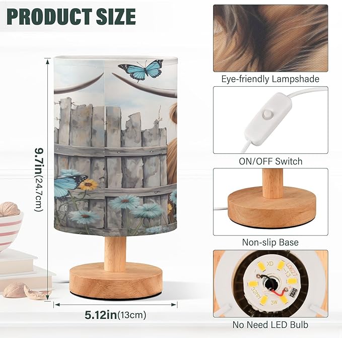 Highland Cows Daisy Wooden Vintage LED Table Lamp for Bedroom Bedside Lamp with USB Charging Ports Decor Nightstand for Living Room Reading Dorm Desk Home Office