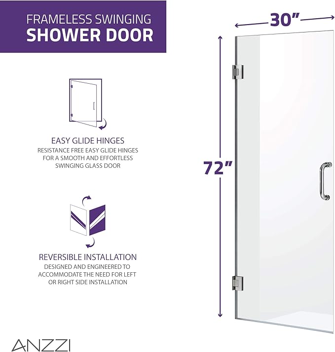 ANZZI 72" x 30" Frameless Shower Door in Matte Black, Water Repellent Glass