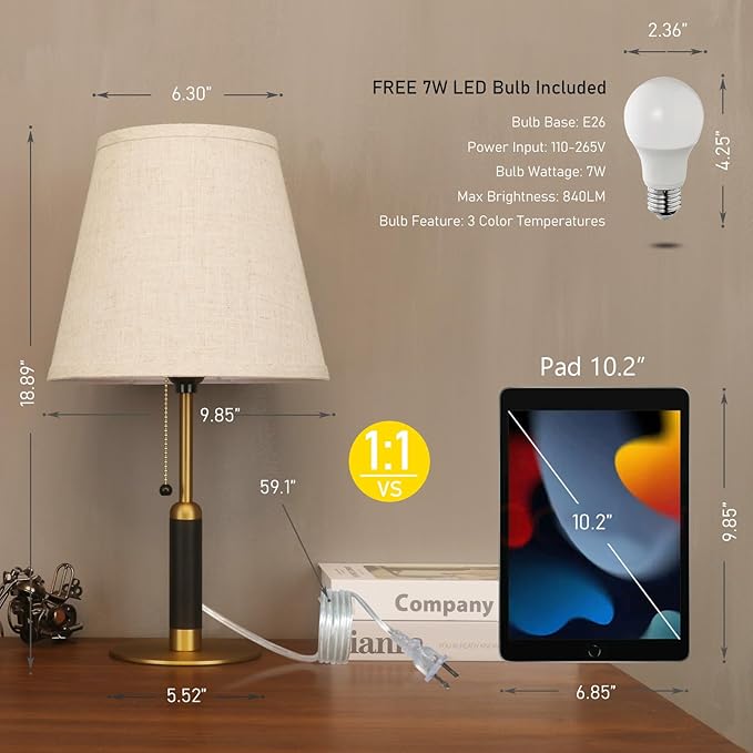 18.9" Modern Table Lamp Bedside Lamps for Nightstand Lamp for Bedroom Living Room End Tables 3-Color Night Light Pull Chain Switch Wood Fabric for Home Office Dorm Decor (Light Brown+Brass)
