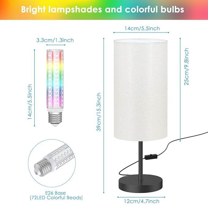 Smart Bedside Table Lamp for Bedroom, Modern Bedroom Lamps for Nightstand Decoration, 72 LED Colorful Bulb with APP Control & Music Sync & Timer, Desk Light for Home Office Living Room (Black Round)