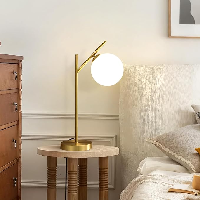 Mid Century Modern Table Lamp, 1 Light Brass Glass Globe Bedside Lamp, Contemporary Metal Table Lamp with Milky White Glass shadefor Bedroom Living Room Study Room