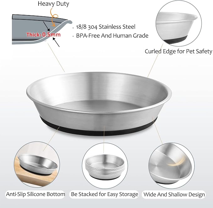 WROSWT Stainless Steel Cat Bowls,Whisker Friendly Shallow Cat Dishes for Food and Water,Non-Slip Silicone Bottom,Heavy Duty,Replacement Kitten Metal Plate for Elevated Stands,2 Pack