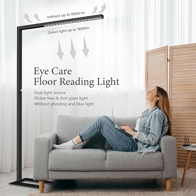 STERREN 77" LED Floor Lamp, 7350LM Dimmable Eye-Care Standing Piano Lamp, 70W Modern Tall Reading Light Bright Lighting for Office Living Room Bedroom, 4000K Natural Daylight - Black