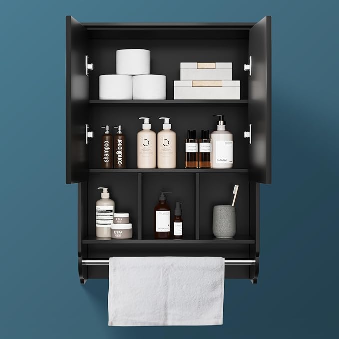 Bathroom Wall Cabinet with Towel Bar, Wooden Medicine Cabinet Adjustable Shelves