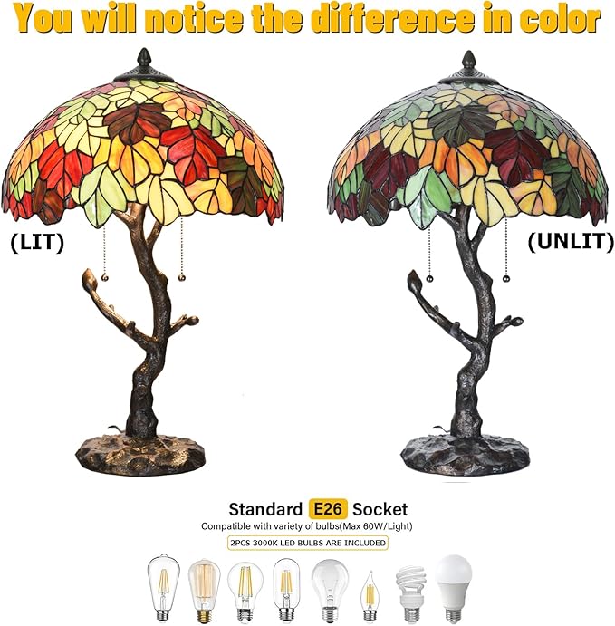 TL0032 Maple Leaves Tiffany Table Lamp Bedside Stained Glass Shade Reading Desk Light 16 X 24.25 Inches for Bedroom Living Room Home Office, LED Blubs Included (TL0032 Maple Leaves)