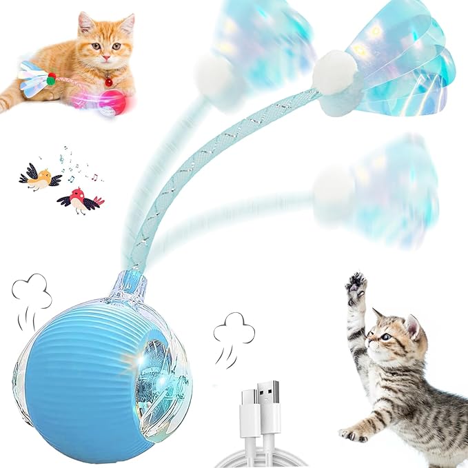 Interactive Cat Toys for Indoor Cats, Automatic Cat Toy with Elastic Mesh Tail, Electric Rolling Ball on Carpet, Chirping and Motion Activate Cat