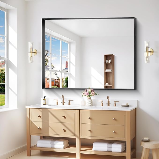 Black Bathroom Mirror, 36x48 Inch Rectangular Deep Frame Mirror, Large Wall
