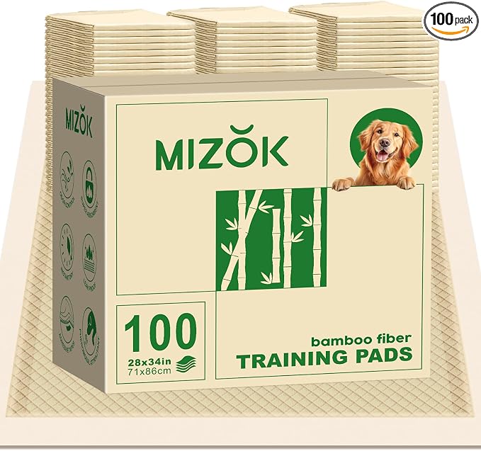 MIZOK Bamboo Dog Pee Pads Highly Absorbent No Leak X-Large 28x34in 100Ct | Thick Bamboo Fibers Instantly Absorb Liquid and Neutralize Bad Odors Keeping Your Indoor Living Space Clean and Leak Proof