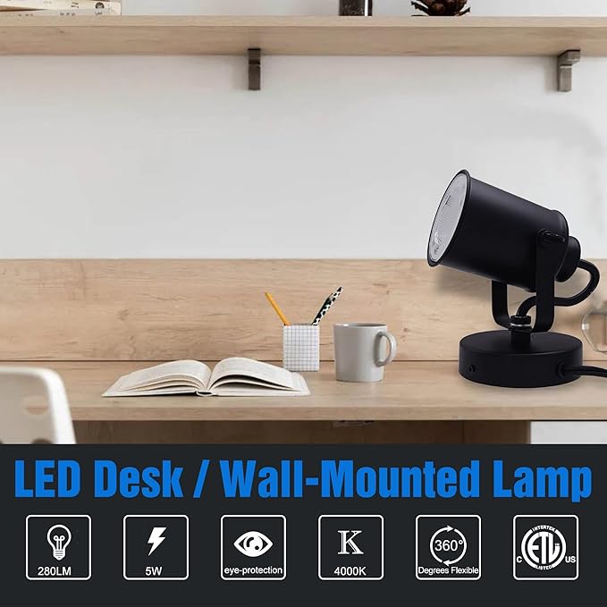 LED Desk Lamp, Eye-Caring Reading Lamp, 5W, 280 Lumens, High CRI 80+, 4000K Cool White Light, Sleek Design, Adjustable Lamp Ideal for Reading, Studying, and Office Use