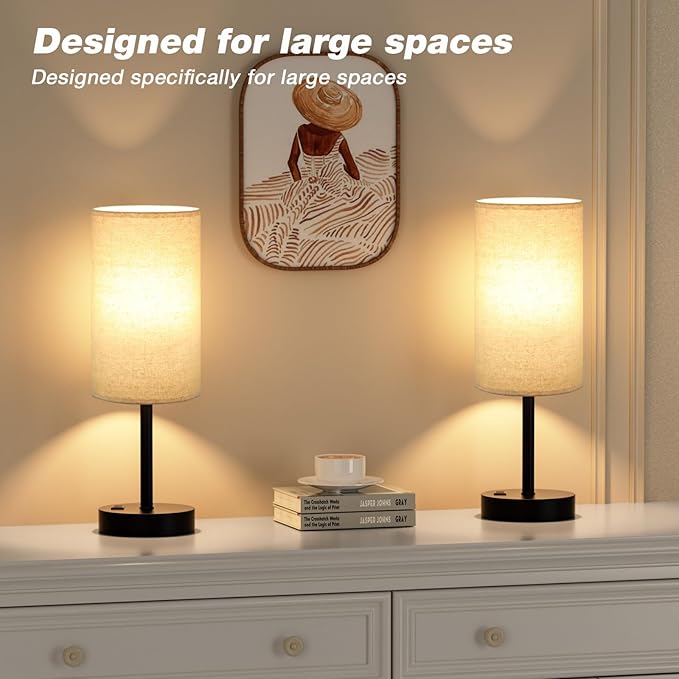Fenmzee Touch Table Lamp - Beige, 3-Way Dimmable, USB A + C Charging, AC Outlet, 17.4inch Medium, Black Metal Base