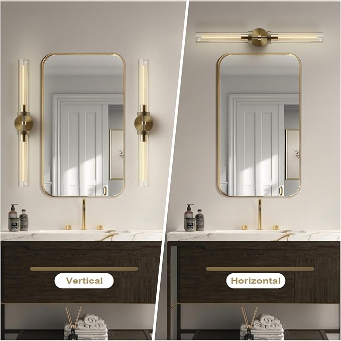 Brass Wall Sconces, 30in Gold 2-Light Double Glass Sconces Wall Lighting, Bathroom Knurled Vanity Light Sconces, Wall Lights for Living Room Bedroom(Including Bulb)