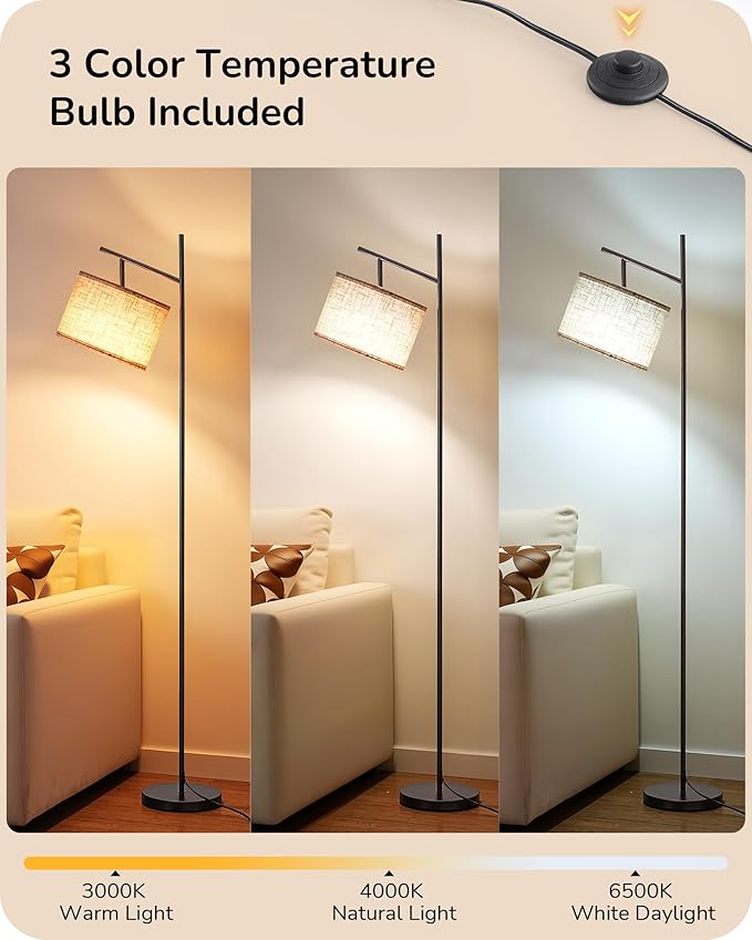 EDISHINE Modern Floor Lamps for Living Room, 64.7" Minimalist Standing Lamp with 3 Color Temperatures Bulb & Adjustable Linen Shade, Foot Pedal Switch, Arc Tall Lamp for Bedroom Office, Black