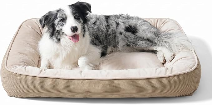 FAIRYPET Deluxe Plush Dog Beds for Medium to Large Dogs, 3D Crimped Siliconized Hollow Fiber Fill,Soft Breathable,Washable Dog Bed, Plush Faux Fur & Corduroy,Durable Pet Bed with Anti-Slip Bottom