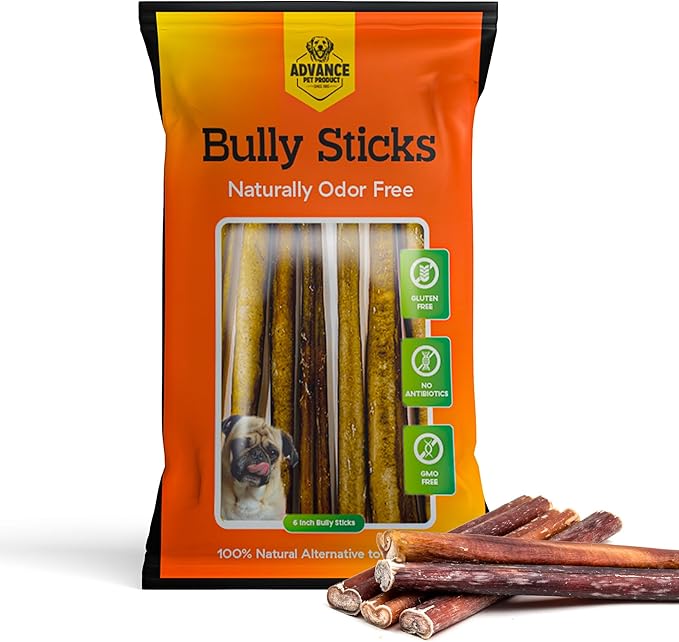 Advance Pet Products 6 Inch Bully Sticks (Pack of 5) - 100% Beef, Odor Free Dog Chews for Aggressive Chewers - Long Lasting, Gluten-Free, Easy to Digest, High Protein & Rawhide Free Chews for Dogs