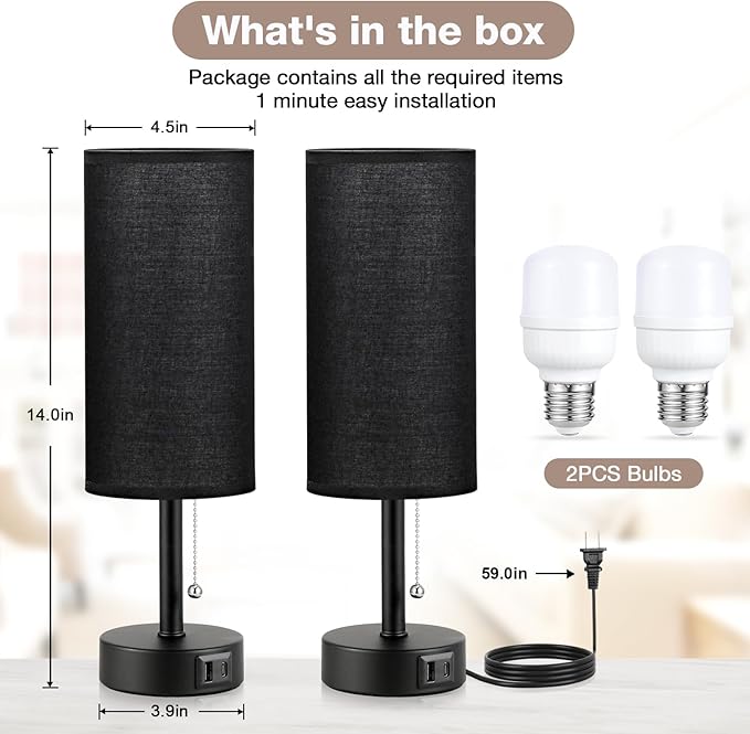 Black Bedside Lamps for Bedroom Set of 2 - Nightstand Table Lamp with USB Charging Port, Pull Chain Night Stand Light, Side Table Desk Reading Lamp for Living Room/Dorm/Bathroom/Kitchen