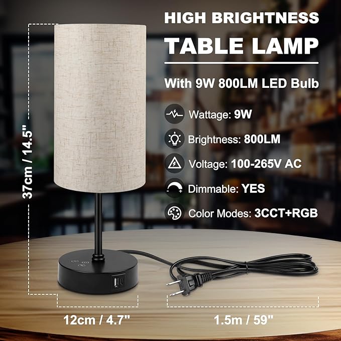 Unicozin Table Lamp, 3 CCT 3000K/4500K/6500K & RGB Color Changing, Stepless Dimmable Small Bedside Lamp for Reading, Ambience Nightstand Light for Home Decor Party, Beige Shade