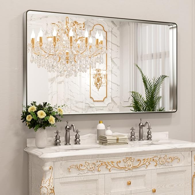 LOAAO 60X28 Inch Brushed Nickel Bathroom Mirror, Rounded Rectangle Silver Metal