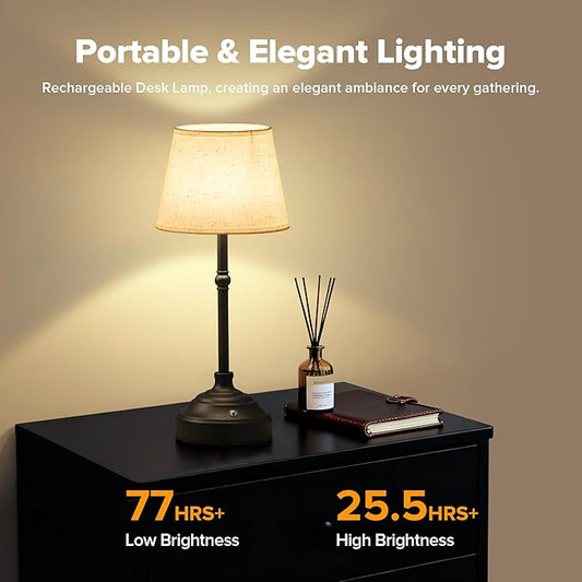 2 Pack Cordless Table Lamp, Rechargeable Desk Lamp with Fabric Shade, Battery Operated Lamp 3 Color Stepless Dimming, Small Touch Bedside Lamp Home Decor for Dining, Counter (Matte Black)