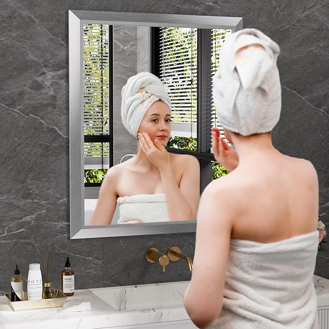 Amorho 30x36 Inch Bathroom Mirror Silver, Thick Metal Framed Wall Mirrors