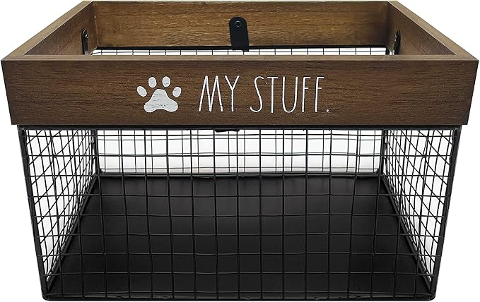 Rae Dunn Pet Toy Storage Bin - Metal and Wood Organizer for Dog Toys, Treats, Leashes - Cat Toy Basket Container - Dark Wood