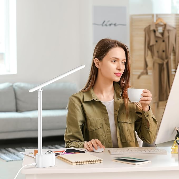 Honeywell Upgraded LED Desk Lamp - H01 Pro Sunturalux™ Foldable Desk Light with USB A+C Charging Port, 3 Color Modes Dimmable Table Lamp for Home Office Reading(White)