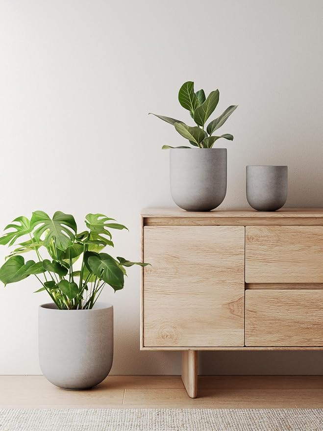 LE TAUCI 10 Inch Plant Pot, Ceramic Pots for Plants with Drainage Hole and Rubber Plug, Plant Pots Indoor for Home Garden Patio Office, Cylinder Flower Planter Pot, Neutral Gray