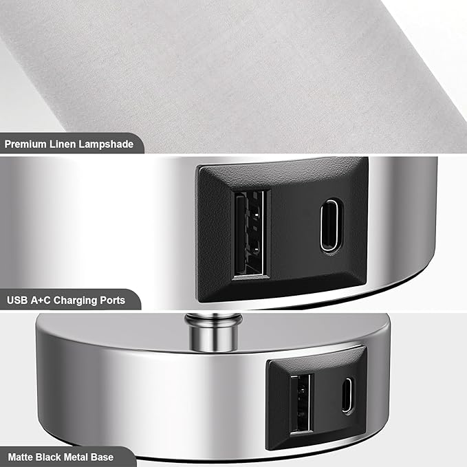 Grey Table Bedside Lamp for Bedroom Nightstand - Small Silver Lamp with USB A + C Charging Port, 3 Color Temperatures Pull Chain Night Stand Light with Bulb, Side Table Desk Lamp for Living Room