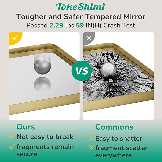 TokeShimi Gold Bathroom Mirror 22x30, HD Tempered Glass, Brushed Gold Bathroom