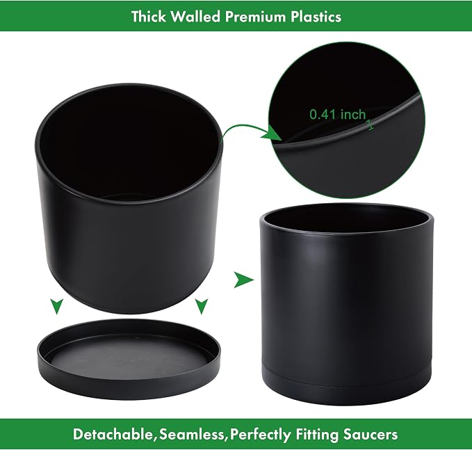D'vine Dev 14 Inch Black Plastic Planter Pots for Plant Pot with Drainage Hole and Seamless Saucers, 74-X-B-4