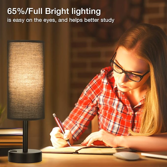 Black Touch Nightstand Lamps for Girl - Small Bedside Lamp with USB-C and USB Charging Ports, 3 Way Dimmable Control Table Lamp for Living Room Office, Dorm, Reading with Fabric Shade Black Base