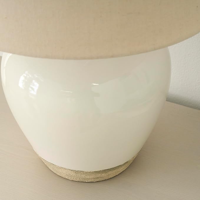Nourison Home 20" White/Sand Farmhouse Ceramic Pot Table Lamp for Bedroom, Living Room, Console, Entryway
