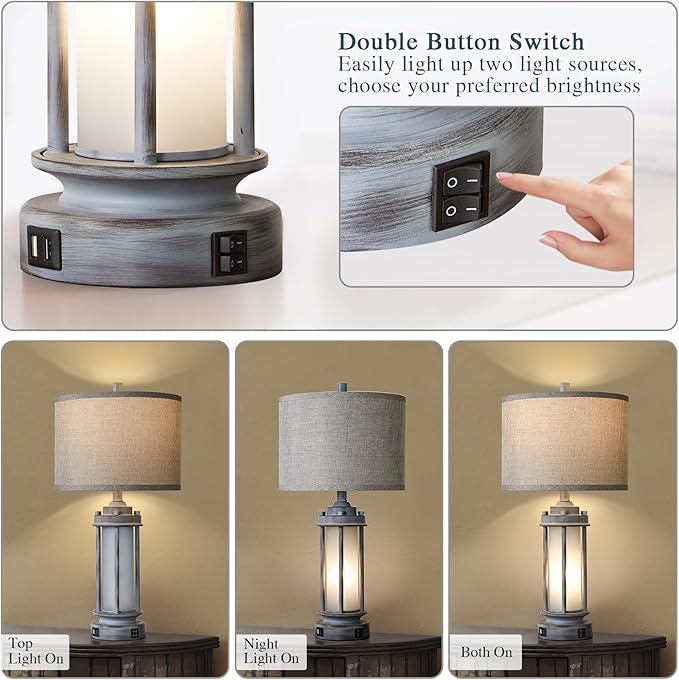 Rustic Table Lamp for Bedroom Living Room with 2 USB Ports, Farmhouse Vintage Nightstand Lamp 25'' with Light Green Glass Nightlight, Antique Retro Desk Lamp for Entryway, 2 Bulbs Included