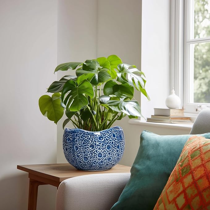 Ceramic Pots for Plants - 8 Inch Round Planter with Drainage Hole, Round Decorative Plant Pots for Indoor Outdoor, Modern Unique Flower Pot, House Living Room Decor, Home Gifts, Blue