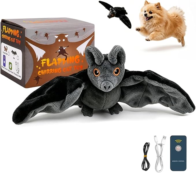 Flying Bat Dog Toy, Flapping Wings Interactive Chirping Pet Teaser, Remote Control Rechargeable Halloween Bat Toy with Catnip Filling, Electric Simulation Flying Motion Toy for Cats Dogs,1pc
