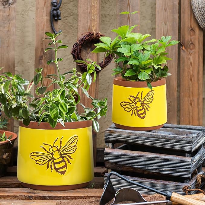 YBX Terracotta Pots Inch with Drainage Holes, Bee Decor, Ceramic Pots for Indoor Plants Flower Pots Outdoor, Succulent, Herbs, Snake Plants (Yellow, 6+4 Inch)