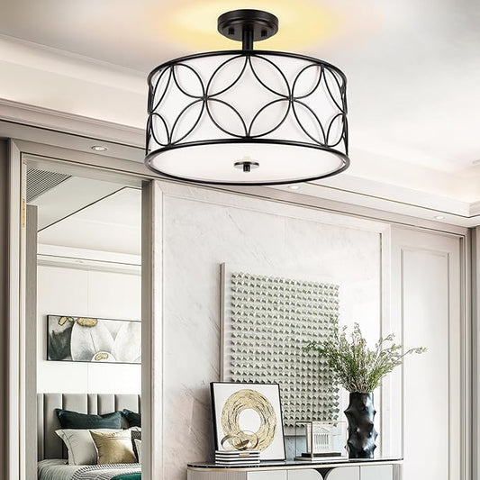 3-Light Semi Flush Mount Ceiling Light, 16" Drum Light with Fabric Shade, Modern Close to Ceiling Lamp for Living Room Bedroom Dining Room Kitchen Hallway Entry Foyer (Black)