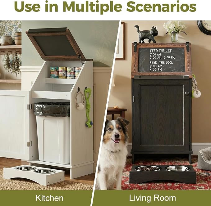 Black 38.4" H Dog Feeding Station with Storage | Pet Food Storage Cabinet with 2 Elevated Bowls,Hooks,Hidden Dog Feeding Organizer for Cats and Dogs