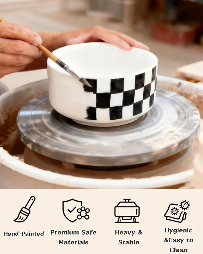 TRUVIC Ceramic Dog Bowl Set of 2 with Wood Stand, Black and White Checkered & Striped Dog Food and Water Bowl Set, 3.5 Cup/28 oz Elevated Puppy Food Bowls for Medium Dogs, Dishwasher Safe