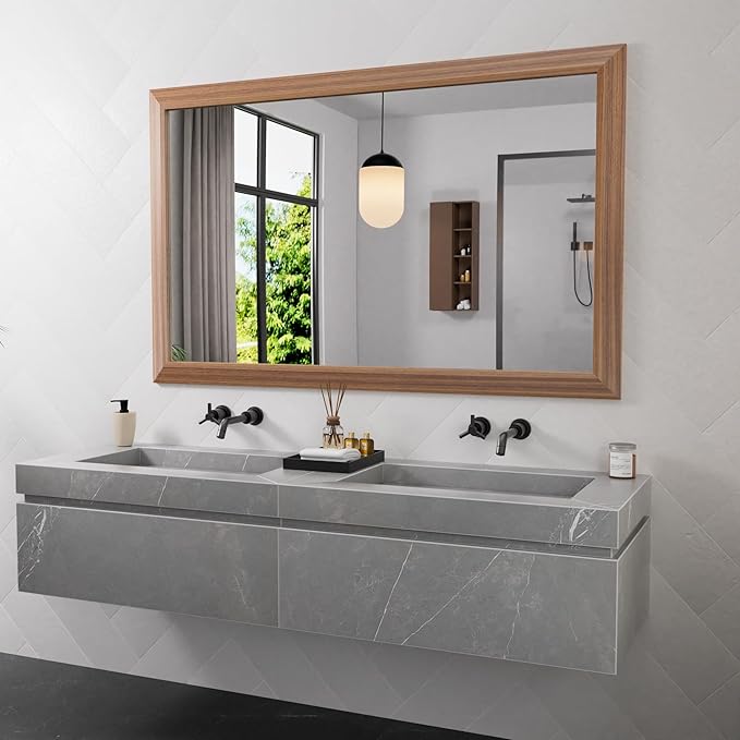 Amorho Bathroom Mirror for Wall, 48 X30 Inch Walnut Wood Grain Metal Framed