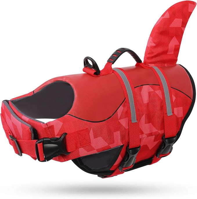 Shark Dog Life Jacket, LifeVests for Boating, High Buoyant Dog Life Vest for Swimming, Adjustable Easy On Pet Jackets for Small, Medium, Large Dogs (Red Triangle,L)