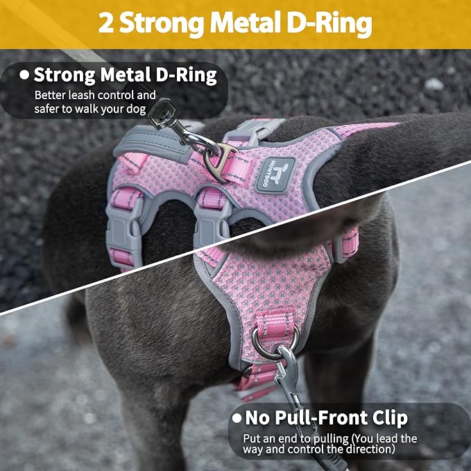 Escape Proof Dog Harness, No Pull Reflective Harness with Lift Handle, Adjustable Pet Vest with Front and Back Leash Clips for Small Medium Large Dogs Walking Hiking Training (Pink,L)