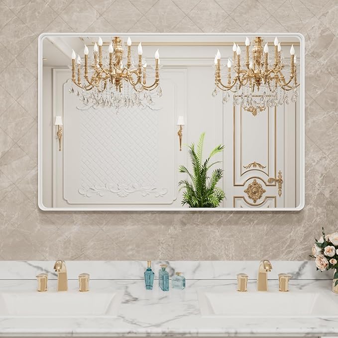 LOAAO 48x30 Inch White Metal Framed Bathroom Mirror