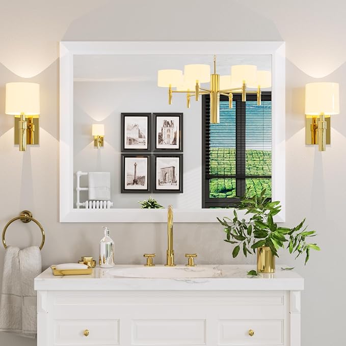 Amorho Bathroom Mirror, 40X32 Inch White Thick Metal Framed Wall Mirrors