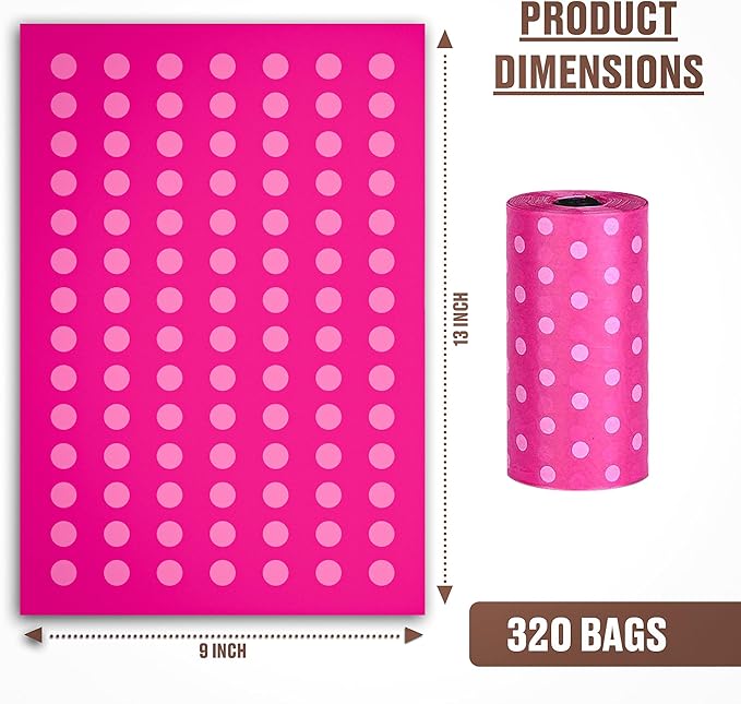 Parisian Pet Ecofriendly Dog Poop Bags Rolls - 320 Count Unscented Poop Bags For Dogs - Leakproof, Extra Thick, 16 Dog Waste Bags Refill Rolls - Polka Dot Pink Doggie Poop Bags - Fits All Dispenser