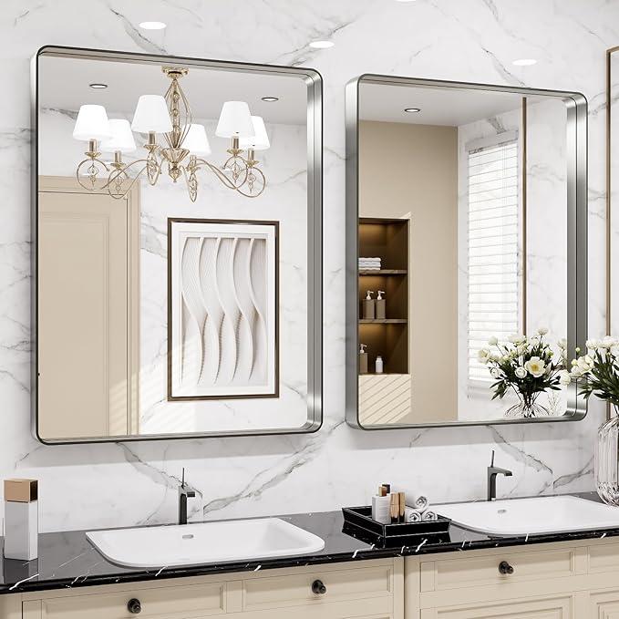 LOAAO 24X30 Inch Brushed Nickel Bathroom Mirror, Rounded Rectangle Silver Metal