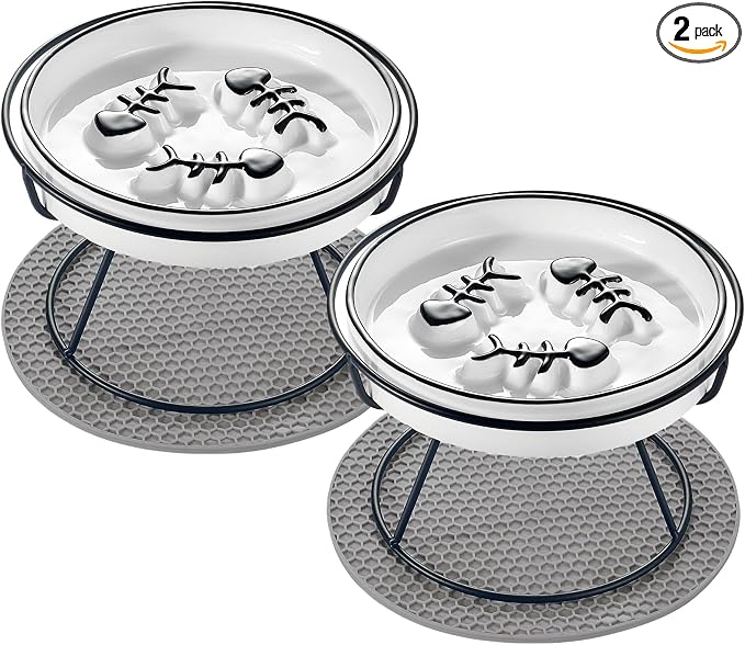 Ceramic Elevated Cat Bowls Set, Anti Vomit, Removable Dishes, Black 2-Pack | Removable Ceramic Bowls Elevated Anti Vomit Food & Water Feeding Black 2-Pack