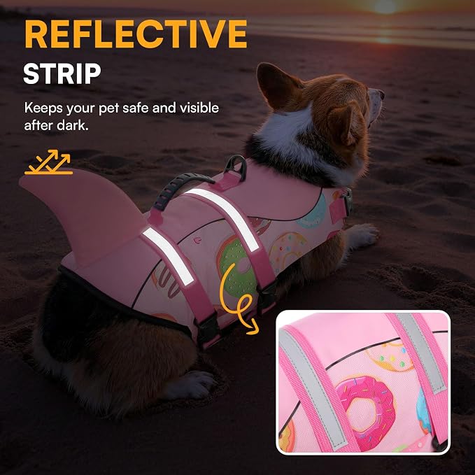 Dog Life Jacket, Dog Life Vest for Swimming, Medium Dogs Shark Swimming Safety Vest Adjustable Preserver with High Buoyancy, Pet Lifesaver for Medium Dogs, Pink Donut M